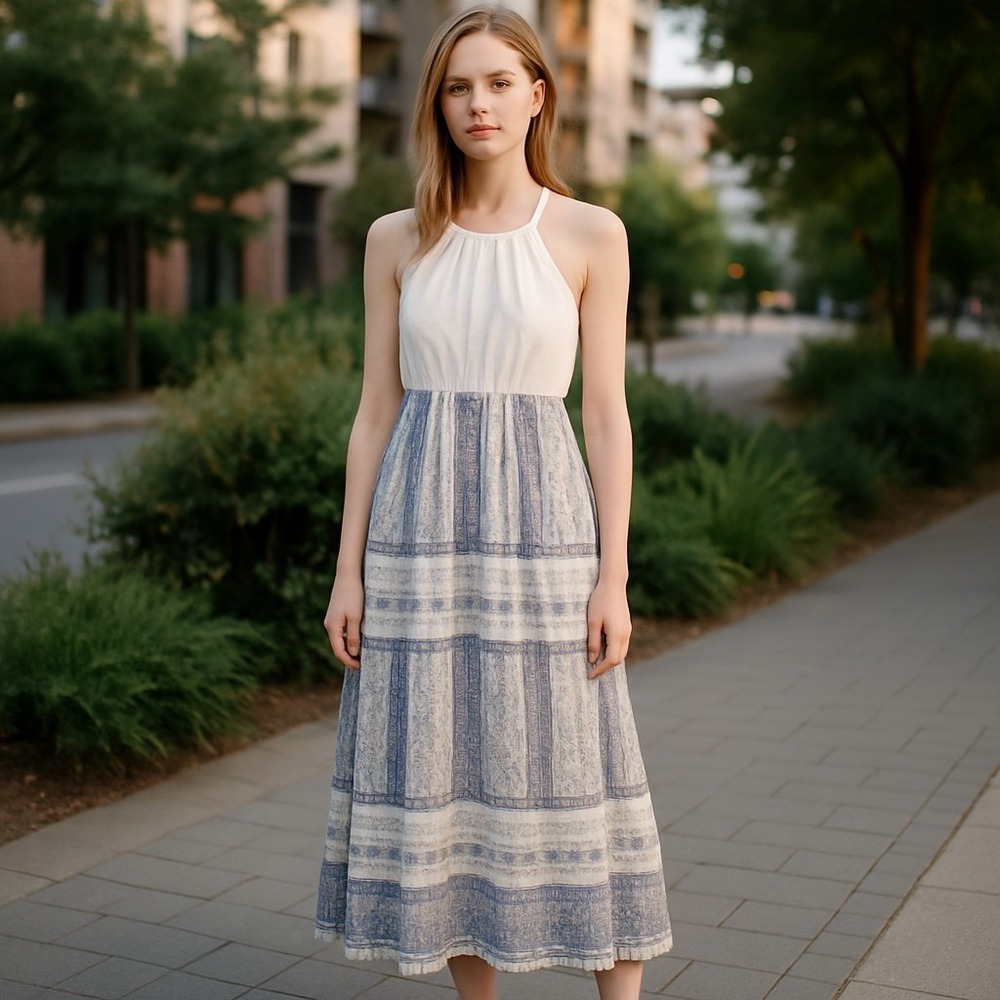 IZ Byer Maxi Dress Girls 14 Blue White Floral‎ Lace Back Zip Pleated Sleeveless
